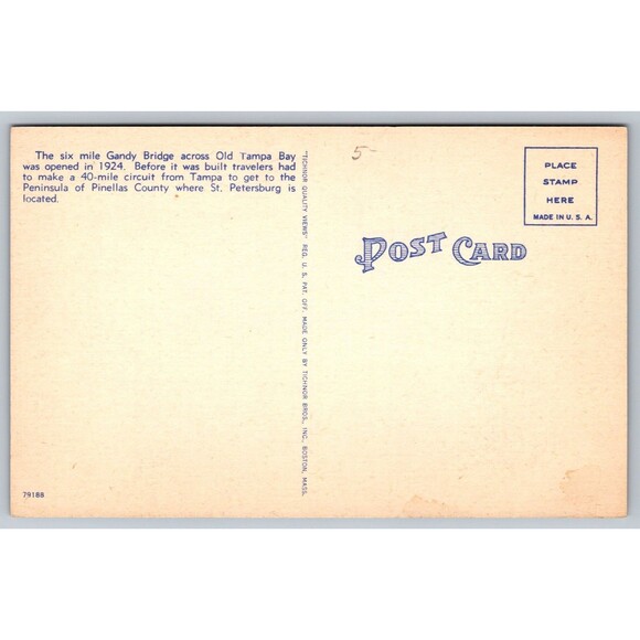 Postcard Florida St. Petersburg Tampa Bay Gandy Bridge Moonlight Old Cars c1940s - Picture 2 of 2